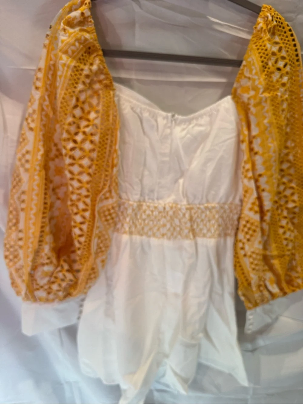 CHicways White Mini Boho Romper  with Yellow Embroidered Puff Sleeves